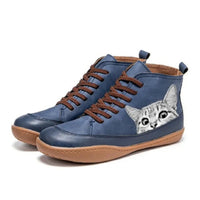 Damen Ankle Boots mit Katzenmotiv und Orthopädischer Arch Support Schnürung – Blau