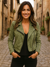 Damen Bikerjacke Mit Asymmetrischem Reißverschluss und Eleganten Details – Jacke Für Stilbewusste Frauen – Grün