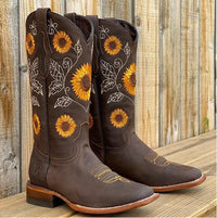 Damen Cowboystiefel mit Sonnenblumen-Stickerei – Western Stil und Komfort – Dunkelbraun