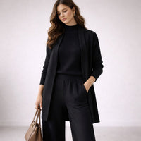 Damen Dreiteiliges Strick-Loungewear-Set mit langem Cardigan Komfortabel und Stilvoll – Schwarz