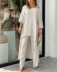 Damen Loungewear-Set mit luftigem Top und High-Waist-Hose – entspannt für den Sommer – Beige