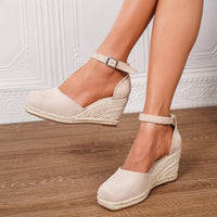 Damen Orthopädische Keilsandalen mit Arch Support und Verstellbarer Knöchelschnalle – Beiger quadratischer Kopf