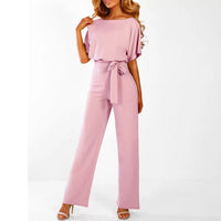 Sommerlicher Damen Jumpsuit Beige - Leichter Overall mit Gürtel und weitem Bein – Hellrosa