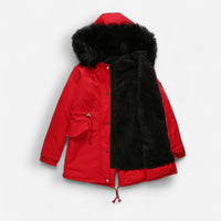 Winter Parka Jacke für Damen mit flauschiger Kapuze und Plüsch Innenfutter – Rot