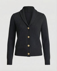 Damen Strick-Cardigan mit Revers-Kragen und Knopfleiste – Taillierter Langarm-Cardigan für Büro und Alltag – Schwarz