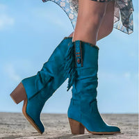 Damen Western Knee High Boots mit Fransen und Blockabsatz – Stilvoller Boho-Look – Blau