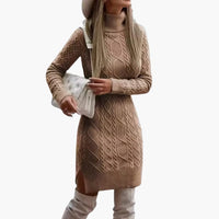 Damen kleid mit Rollkragen und Zopfmuster – Khaki