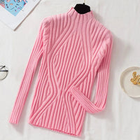 Figurbetonter Damenpullover mit hohem Kragen und langen Ärmeln – Rosa