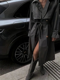 Lisarnie | Zweireihiger Trenchcoat mit gekerbtem Revers, elegante, solide lange Ärmel – Dunkelgrau