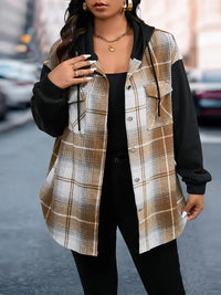 Shialyn | Women's Plus Plaid Print Raglan Ärmel Button Up Drawstring Hooded Jacket – Erde Gelb