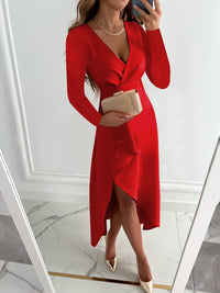 Damen Elegantes Taillierter V-Ausschnitt Midikleid – Rot