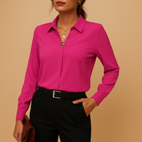 Damen Elegantes V-Ausschnitt Langarm Bluse – Rosa-Rot
