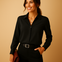 Damen Elegantes V-Ausschnitt Langarm Bluse – Schwarz
