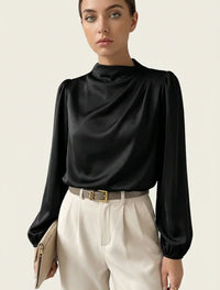 Elegante Damenbluse mit hohem Kragen - Hera – Schwarz