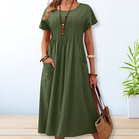 Elegantes Damen Kleid Für Den Sommer – Lässiges Mittellanges Kleid Mit Praktischen Taschen – Grün