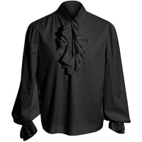 Elegantes Herren Barock-Rüschenhemd mit Stehkragen und Spitzenmanschetten für festliche Anlässe – Renaissance Hemd – Schwarz