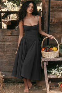 Vintage Sommerkleid für Damen – Leicht und Luftig mit Spaghettiträgern – Schwarz