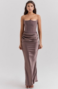 Damen Strapless Korsett Bodycon Maxikleid – Braun