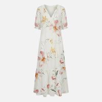 Lieselotte | Damen Fließendes Midikleid Viskose-Mix V-Ausschnitt – Viskose Midi V-Neck – Weiße Blume