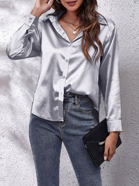 Elegante Bluse Damen Satinoptik Langarm – Grau