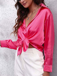 Elegante Bluse Damen Satinoptik Langarm – Dunkelrosa