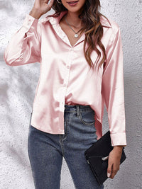 Elegante Bluse Damen Satinoptik Langarm – Rosa