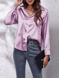 Elegante Bluse Damen Satinoptik Langarm – Lila