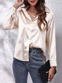Elegante Bluse Damen Satinoptik Langarm – Creme