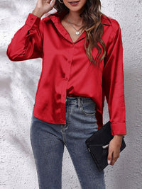Elegante Bluse Damen Satinoptik Langarm – Rot