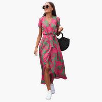 Elegantes Damen Wickelkleid – Rosa mit Grün