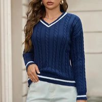 Leonie | Warmer Zopfpullover Damen V-Ausschnitt – Blau