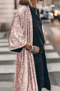 Langer Pailletten Kimono für Damen im offenen Design – Gold