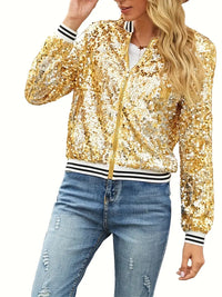 Pavokaya | Kontrastbesetzte, paillettenbesetzte modische Jacke, Langarm-Jacke mit Reißverschluss – Goldene