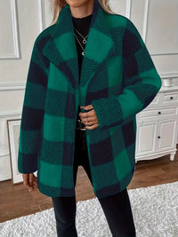 Clithina | Plaid Print Teddy Mantel – Lässige Eleganz mit Wasserfallkragen – Grün