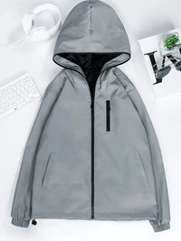Irevella | Reflektierende Windbreaker-Jacke mit Kapuze für Männer, lässiges Design – Grau