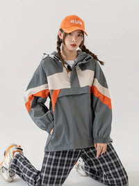 Keyvria | Color Blocked Hooded Drawstring Jacket, lässige Jacke mit Reißverschlusstasche – Grau