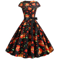 Niedlicher Kürbis Druck Halloween Kostum Kleid | Midi – Schwarz