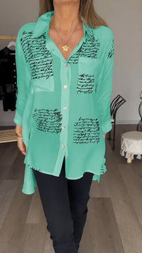 Damen Revers Hemd mit Schriftprint - Elegant & Casual – Grün