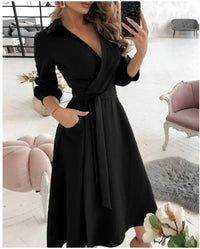 Damen Wickelkleid mit Riemen - Eleganter Schnitt, Vielseitig Tragbar – Schwarz