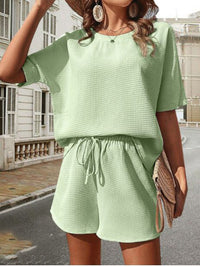 Damen Sommer-Set aus Baumwolle | Luftiges Waffelpique mit Shorts – Hellgrün