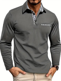 Polo Herren - Dehnbarer Schnitt mit langen Ärmeln und Karomuster | Casual – Grau