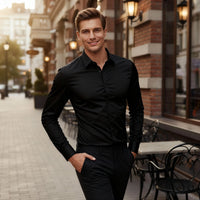 Herren Hemd Stretchhemd Langarm mit Knopfverschluss – Schwarz