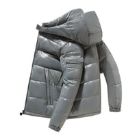 Herren Jacke Winter Glänzende Steppjacke Mit Kapuze Wärmende Daunenfüllung Winddicht Urban Outdoor Mode – Grau