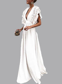 langes Maxikleid mit Rüschen und elegantem, fließendem, tiefem Ausschnitt – Weiß