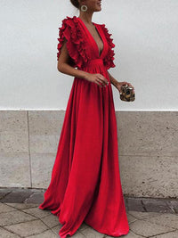 langes Maxikleid mit Rüschen und elegantem, fließendem, tiefem Ausschnitt – Rot