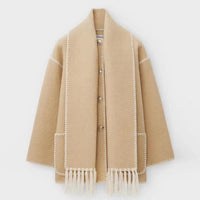 Klassischer Damenmantel mit gesticktem Besatz und angenähtem Schal – Khaki