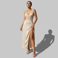 Helga | Damen Figurbetontes Maxi Abendkleid mit Seitenschlitz – Beige