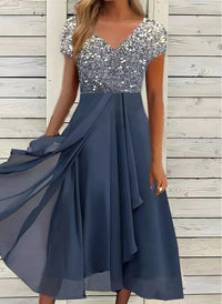 Elegantes Damen Chiffon Cocktailkleid für festliche Anlässe – Silber-Blau