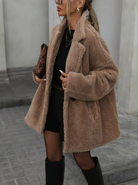 Iremona | Women'S Plüsch Shearling Mantel, Zweireiher Jacke mit gefalteten Taschen – Khaki
