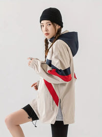 Keyvria | Color Blocked Hooded Drawstring Jacket, lässige Jacke mit Reißverschlusstasche – Khaki